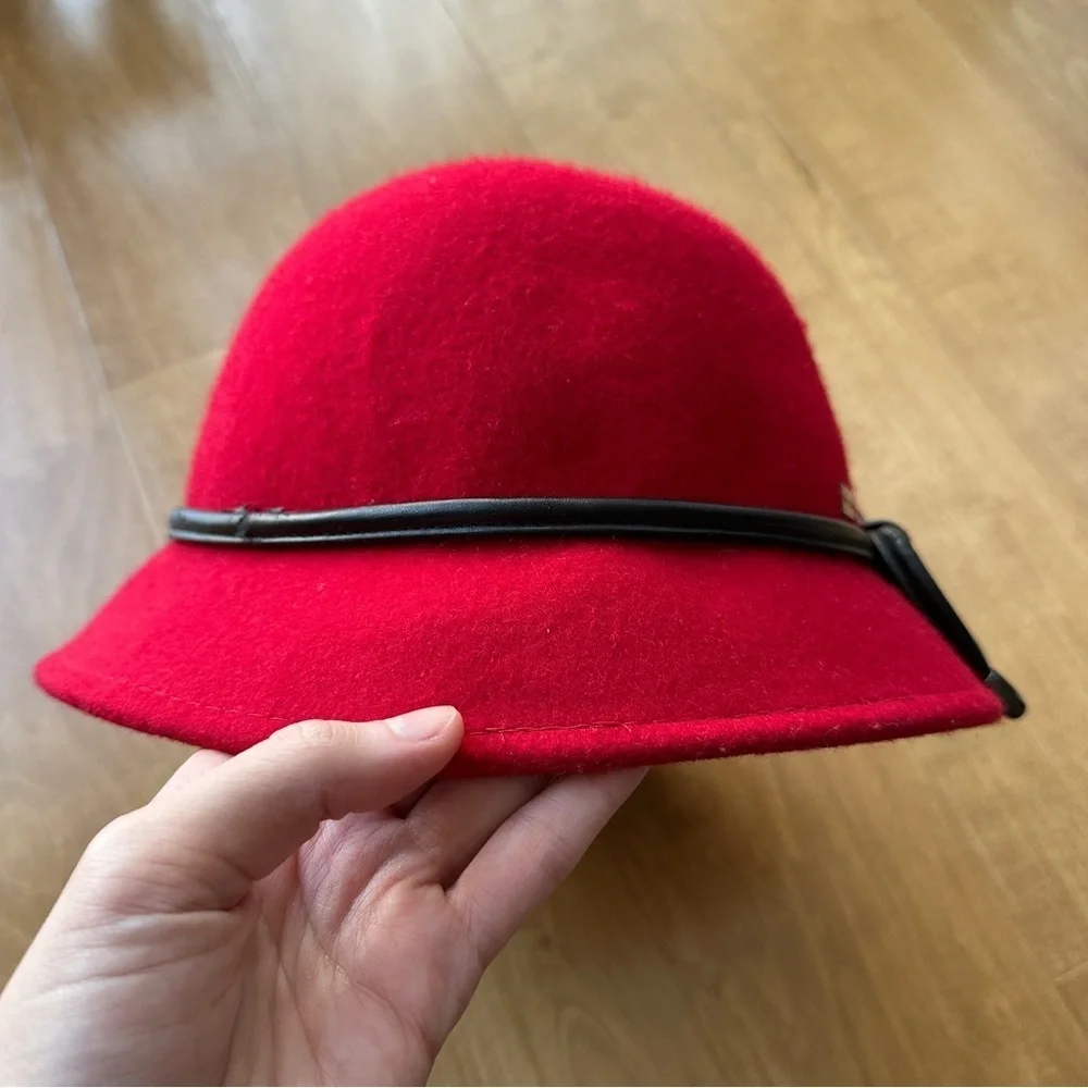 Betmar Women’s Valerina Red Wool Hat with Black Leather Bow